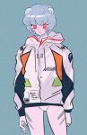  1girl ayanami_rei blush bodysuit closed_mouth full_body hood hoodie looking_at_viewer moricky neon_genesis_evangelion short_hair simple_background smile solo standing 