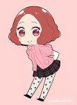  1girl blush brown_eyes brown_hair chibi commentary_request do_m_kaeru floral_print okumura_haru pantyhose persona persona_5 pink_sweater plaid plaid_skirt ribbed_sweater school_uniform short_hair shuujin_academy_uniform skirt smile solo sweater twitter_username white_legwear 