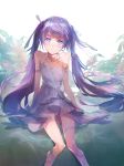  1girl bare_shoulders blue_eyes closed_mouth copyright_request dress enu_0426 feet_out_of_frame highres knees_together_feet_apart long_hair looking_at_viewer purple_dress purple_hair sitting skinny sleeveless sleeveless_dress solo twintails very_long_hair 