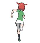  1girl bare_arms black_legwear commentary_request from_behind green_footwear green_shirt hair_flaps highres kanon_(pokemon) leg_up legs_apart miniskirt pokemon pokemon_(anime) redhead running shirt shoes short_hair short_sleeves simple_background sketch skirt socks solo sugimori_ken white_background white_skirt 