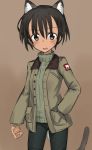  1girl animal_ears bangs bike_shorts black_eyes black_hair blush brown_background brown_jacket cat_ears cat_tail dark_skin emblem eyebrows_visible_through_hair fankupl frown grey_sweater hand_in_pocket highres jacket kullamas_blengkam looking_at_viewer military military_uniform open_clothes open_jacket open_mouth ribbed_sweater short_hair solo standing sweatdrop sweater tail turtleneck turtleneck_sweater uniform upper_body world_witches_series 