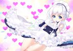  1girl :d apron azur_lane bangs belfast_(azur_lane) blue_dress blue_eyes blush braid collarbone dress dutch_angle elbow_gloves eyebrows_visible_through_hair gloves hair_between_eyes hands_up heart heart-shaped_pupils heart_hands long_hair looking_at_viewer maid maid_headdress one_side_up open_mouth sawa_(sawasaku) signature silver_hair sleeveless sleeveless_dress smile solo sparkle symbol-shaped_pupils waist_apron white_apron white_gloves younger 