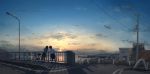  2girls absurdres bicycle bird clouds ground_vehicle highres multiple_girls ocean original railing road scenery seagull sky street sun sunset telephone_pole yakikoke 