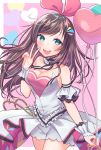  1girl a.i._channel aqua_eyes balloon birthday blush breasts brown_hair cleavage cowboy_shot half-closed_eyes haruyuki_14 kizuna_ai looking_at_viewer shorts smile solo v virtual_youtuber 