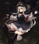  1girl artist_name belt black_footwear boots commentary english_commentary eyebrows_visible_through_hair eyes_visible_through_hair fur_trim girls_frontline gun hat kar98k_(girls_frontline) long_hair long_sleeves looking_at_viewer outstretched_arms parted_lips puffy_long_sleeves puffy_sleeves red_eyes silver_hair smile solo spread_arms teru_(renkyu) thigh-highs thigh_boots twitter_username weapon 