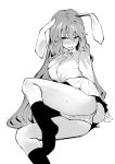  1girl animal_ears asuzemu blush bunny_tail collared_shirt eyebrows_visible_through_hair greyscale highres long_hair looking_at_viewer monochrome necktie open_mouth panties rabbit_ears reisen_udongein_inaba shirt skirt smile socks sweat tail touhou underwear very_long_hair 