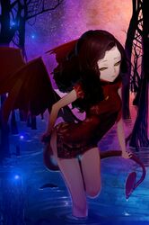  1girl adjusting_clothes black_sclera breasts brown_hair china_dress chinese_clothes closed_mouth demon_girl demon_tail demon_wings doremi dress highres looking_at_viewer night night_sky original purple_sky red_dress short_dress sky slit_pupils small_breasts solo standing standing_on_one_leg star_(sky) starry_sky tail thigh_gap tree wading water wings yellow_eyes 