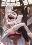  1girl animal_ears bangs bare_shoulders black_dress black_legwear blue_eyes blunt_bangs blush breasts dress elbow_gloves erune feathers gloves granblue_fantasy holding indoors korwa large_breasts legs_crossed long_hair looking_at_viewer mannequin mismatched_legwear pak_ce parted_lips quill showgirl_skirt silver_hair sitting sleeveless sleeveless_dress solo stool thigh-highs very_long_hair white_feathers white_gloves white_legwear 