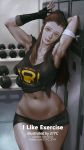  1girl 21yc_(september_breeze) adjusting_hair armpits arms_behind_head brigitte_(overwatch) brown_eyes brown_hair clothes_writing dumbbell fingerless_gloves gloves highres locker looking_at_viewer navel overwatch shirt short_shorts shorts sleeveless solo stomach tied_shirt toned torn_clothes torn_sleeves 