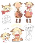  &gt;_&lt; 1girl :3 :d ^_^ animal_ears bag baking_sheet blonde_hair boots closed_eyes croissant dog_ears dog_tail dress dress_shirt eating expressions food giving happy highres mittens naked_shirt open_mouth original oven_mitts pinafore_dress pink_eyes sasa_kichi scared scarf shirt short_hair shoulder_bag smile sweat tail 
