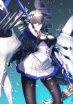  1girl arm_behind_head azur_lane bangs black_legwear boots breasts cannon corset cross-laced_footwear floating_hair gauntlets gloves grey_hair hair_between_eyes hair_ornament highres holding holding_weapon itaco1987 lace-up_boots large_breasts left-handed light_particles long_hair looking_at_viewer machinery miniskirt mole pantyhose parted_lips pleated_skirt polearm red_eyes rigging saint-louis_(azur_lane) sidelocks simple_background skirt solo standing turrets weapon white_footwear white_skirt wind 
