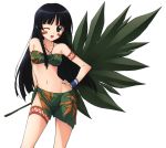  1girl absurdres bare_shoulders bikini_top black_hair facepaint hand_on_hip highres holding jewelry jinki leaf long_hair midriff navel necklace sarong solo strapless strapless_bikini tattoo tsuzaki_aoba violet_eyes white_background wings 