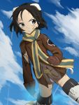  1girl animal_ears bandaid bandaid_on_face black_eyes black_hair blood brave_witches brown_gloves brown_jacket brown_shirt clenched_hands closed_mouth clouds cloudy_sky crotch_seam damaged day emblem energy fankupl flying frown gloves half-closed_eye highres injury jacket kanno_naoe looking_at_viewer military military_uniform multicolored multicolored_clothes multicolored_scarf no_pants panties scarf scratches shirt short_hair sky solo striker_unit striped striped_scarf sweat tail torn_clothes torn_jacket underwear uniform v-shaped_eyebrows white_panties wind world_witches_series 