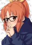  1girl abe_nana blue_hoodie blush bow brown_eyes eyebrows_visible_through_hair glasses hair_bow highres hood hoodie idolmaster idolmaster_cinderella_girls looking_at_viewer orange_hair ponytail sidelocks simple_background smile solo upper_body white_background 