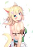  1girl animal_ears arms_behind_back backless_outfit bare_shoulders bikini_top blonde_hair blue_eyes cat_ears cat_tail commentary_request eyebrows_visible_through_hair facial_mark final_fantasy final_fantasy_xiv flower hair_flower hair_ornament leaves_in_wind long_hair looking_at_viewer looking_back miqo&#039;te motion_blur mutsuba_fumi partial_commentary smile solo tail 
