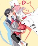  1boy 1girl akamsilver black_hair black_legwear blue_eyes blush boots coat commentary_request couple darling_in_the_franxx eyebrows_visible_through_hair fringe green_eyes hair_ornament hairband hat hetero hiro_(darling_in_the_franxx) holding_another&#039;s_leg holding_lollipop horns long_coat long_hair long_sleeves looking_at_another military military_uniform necktie oni_horns open_clothes open_coat pantyhose peaked_cap pink_hair red_horns red_neckwear short_hair uniform white_coat white_footwear white_hairband zero_two_(darling_in_the_franxx) 