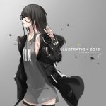  1girl black_hair black_nails glasses grey_background highres jacket jewelry long_hair looking_at_viewer nail_polish necklace neco off_shoulder original ring solo yellow_eyes 