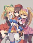  3girls android arm_around_waist arm_hug arms_around_waist artist_name bangs bent_over beret black_legwear blonde_hair blue_eyes blush bodystocking breasts brown_hair capcom ciel_(rockman) dress eyebrows_visible_through_hair girl_sandwich gloves green_eyes green_ribbon grey_background hair_between_eyes hair_ornament hair_ribbon happy hat headgear high_ponytail hips holding_arm iris_(rockman_x) long_hair looking_at_viewer looking_to_the_side medium_breasts multiple_girls one_leg_raised open_mouth pink_skirt ponytail red_hat rento_(rukeai) ribbon rockman rockman_(classic) rockman_x rockman_x4 rockman_zero roll sandwiched sidelocks simple_background skirt smile very_long_hair white_background white_gloves 
