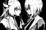  2girls commentary_request empty_eyes face-to-face fan fate/grand_order fate_(series) folding_fan glasses hair_ornament hood hoodie horns idoke_kaeru japanese_clothes kimono kiyohime_(fate/grand_order) mash_kyrielight monochrome multiple_girls necktie parted_lips slit_pupils smile upper_body yandere 