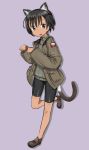  1girl :d animal_ears bangs bike_shorts black_eyes black_hair brown_jacket cat_ears cat_tail cross-laced_footwear dark_skin emblem eyebrows_visible_through_hair fankupl full_body grey_sweater highres jacket kullamas_blengkam leg_up looking_at_viewer military military_uniform open_clothes open_jacket open_mouth paw_pose purple_background ribbed_sweater shadow short_hair simple_background smile solo standing standing_on_one_leg sweater tail turtleneck turtleneck_sweater uniform world_witches_series 