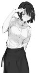  1girl apron arms_behind_back black_skirt character_request copyright_request hair_ornament hairclip looking_at_viewer monochrome osu5i shirt short_hair skirt solo white_shirt 