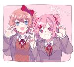  2girls :d absurdres blue_eyes bow brown_hair claw_pose commentary doki_doki_literature_club hair_bow hair_ornament hair_ribbon hairclip highres looking_at_viewer multiple_girls natsuki_(doki_doki_literature_club) open_mouth pink_eyes pink_hair red_bow red_ribbon ribbon sayori_(doki_doki_literature_club) school_uniform senri_chu short_hair simple_background sketch smile teeth twitter_username two_side_up upper_body 