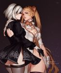  2girls absurdres arm_around_shoulder ass_visible_through_thighs black_legwear blindfold blonde_hair hairband highres leotard lera_pi long_hair looking_at_viewer multiple_girls nier_(series) nier_automata parted_lips short_hair silver_hair thigh-highs very_long_hair yorha_infantry_squad_commander yorha_no._2_type_b 