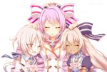  3girls bow closed_eyes copyright_request drill_hair holding_another&#039;s_head long_hair long_sleeves multiple_girls one_eye_closed open_mouth pink_hair purple_bow rento_(rukeai) short_hair short_sleeves smile striped striped_bow white_bow 