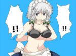  ! 1girl anger_vein bare_shoulders black_bra blue_eyes bra braid commentary_request dvddvd grey_hair hair_ribbon hammer_(sunset_beach) izayoi_sakuya looking_at_viewer maid maid_headdress navel no_shirt ribbon scowl skirt solo spoken_exclamation_mark touhou twin_braids underwear undressing 