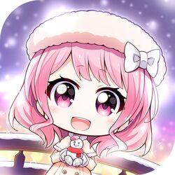  1girl ;q amahane_(n_amaha) bang_dream! bangs beret blush bow capelet chibi coat commentary_request double-breasted eyebrows_visible_through_hair fur-trimmed_capelet fur_hat fur_trim hair_bow hair_down hat holding looking_at_viewer lowres maruyama_aya medium_hair mittens one_eye_closed pink_hair red_scarf scarf snow snowing snowman solo tongue tongue_out violet_eyes white_bow white_hat winter_clothes 