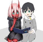  1boy 1girl bandage black_cloak black_hair blue_eyes blush book boots cloak coat commentary couple darling_in_the_franxx eyebrows_visible_through_hair finger_to_mouth fringe fur_boots fur_trim green_eyes grey_coat hiro_(darling_in_the_franxx) hiroki_(hirokiart) holding holding_book hood hooded_cloak horns long_coat long_hair oni_horns open_book parka pink_hair red_horns red_pupils red_sclera red_skin seiza short_hair sitting spoilers winter_clothes winter_coat younger zero_two_(darling_in_the_franxx) 