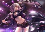  1girl absurdres bangs belt black_bikini_top black_jacket black_panties black_shorts breasts checkered checkered_flag choker cleavage fate/grand_order fate_(series) flag floating_hair ground_vehicle hair_between_eyes highleg highleg_panties highres holding holding_flag jacket jeanne_d&#039;arc_(alter)_(fate) jeanne_d&#039;arc_(fate)_(all) jewelry looking_at_viewer medium_breasts midriff motor_vehicle motorcycle navel necklace open_clothes open_jacket panties parted_lips racequeen sekaizero short_hair short_shorts shorts silver_hair solo stomach underwear yellow_eyes 