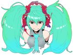  1girl breasts colored green_hair hatsune_miku headphones heterochromia highres jaco long_hair looking_at_viewer medium_breasts simple_background smile solo twintails vocaloid white_background 