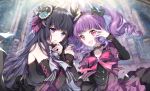  2girls bang_dream! bangs black_bow black_choker black_feathers black_flower black_hair black_ribbon black_rose blue_flower blue_rose blurry blurry_background bow brooch choker commentary_request curly_hair detached_sleeves dress earrings feathers flower frilled_skirt frills hair_bow hair_feathers hair_flower hair_ornament hand_holding hand_over_eye hand_to_own_mouth hime_cut jewelry lace_choker long_hair multiple_girls neck_ribbon nennen petals pink_neckwear purple_feathers ribbon rose shirokane_rinko skirt twintails udagawa_ako upper_body white_neckwear 