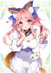  1girl animal_ears blue_ribbon blush bow breasts cleavage fang fate/grand_order fate_(series) food fox_ears fox_tail hair_bow hair_ribbon heart heart-shaped_pupils highres kanola_u large_breasts open_mouth pink_hair ribbon solo spoon symbol-shaped_pupils tail tamamo_(fate)_(all) tamamo_no_mae_(fate) vegetable yellow_eyes 