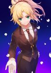  1girl alternate_costume black_jacket black_neckwear black_pants blonde_hair closed_mouth commentary_request fate/apocrypha fate/grand_order fate_(series) flower formal gogatsu_fukuin green_eyes hair_ornament hair_scrunchie hand_on_hip highres jacket long_hair long_sleeves mordred_(fate) mordred_(fate)_(all) necktie outstretched_arm pant_suit pants petals ponytail purple_flower purple_rose red_scrunchie rose scrunchie shirt signature smile solo suit white_shirt 
