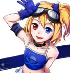  1girl armband blonde_hair blue_eyes breasts collar goggles goggles_on_head hair_between_eyes heterochromia kagamine_rin kimbulsae looking_at_viewer navel open_mouth red_eyes short_hair side_ponytail simple_background small_breasts smile solo vocaloid white_background 