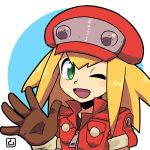  1girl blonde_hair breast_pocket brown_gloves capcom gloves green_eyes hat long_hair looking_at_viewer muu_(mumumer) one_eye_closed open_mouth pocket portrait red_hat rockman rockman_dash roll_caskett short_sleeves simple_background smile solo waving zipper zipper_pull_tab 