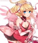  1girl atobesakunolove bare_shoulders black_skirt blonde_hair blue_eyes blush breasts cleavage commentary_request cowboy_shot criss-cross_halter dress facebook_username facial_tattoo fingernails halterneck heart_tattoo highres holding large_breasts leaning_forward light_smile mercy_(overwatch) nail_polish overwatch parted_lips pink_dress pink_legwear pink_nails pleated_skirt ponytail skirt solo tattoo thigh-highs watermark web_address 