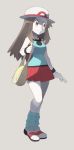  1girl bag bare_shoulders blue_(pokemon) blue_legwear blue_shirt brown_hair closed_mouth eyebrows eyelashes full_body gradient gradient_background grey_background handbag hat highres long_hair loose_socks miniskirt nomura_(buroriidesu) orange_eyes pleated_skirt poke_ball_theme pokemon pokemon_(game) pokemon_frlg red_skirt shirt shoes sidelocks skirt smile socks solo standing straight_hair tank_top white_footwear white_hat wristband 