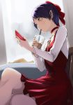  1girl artist_name bow chair choker dress drinking drinking_straw gegege_no_kitarou glass hair_bow holding legs_crossed long_sleeves nekomusume nekomusume_(gegege_no_kitarou_6) pointy_ears purple_hair red_bow red_choker red_dress short_hair sitting solo tea_(nakenashi) yellow_eyes 