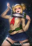  1girl artist_name blonde_hair blue_skirt boku_no_hero_academia double_bun fangs knife leaf looking_at_viewer necktie night nudtawut_thongmai open_mouth school_uniform skindentation skirt slit_pupils solo teeth thigh_strap toga_himiko tree twintails yellow_eyes 