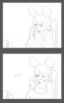  1girl 2koma :q animal_ears bangs blunt_bangs blush chair closed_eyes comic cup doremi double_bun drinking facing_viewer fingernails happy highres korean long_sleeves looking_at_viewer mouse_ears original sidelocks simple_background sitting sleeves_past_wrists smile tongue tongue_out white_background 