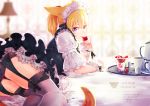  1girl animal_ears apron arm_garter artist_name bangs bed_sheet blonde_hair cat_ears cat_tail commentary_request cup dated facial_mark final_fantasy final_fantasy_xiv food frills fruit garter_straps hair_between_eyes holding lamp lili_mdoki looking_at_viewer lying maid_headdress miqo&#039;te one-piece_swimsuit panties pantyshot pantyshot_(lying) ponytail short_hair short_sleeves slit_pupils smile solo strawberry swimsuit tail teacup teapot thigh-highs tray underwear violet_eyes 