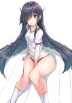  1girl black_hair blush breasts buruma eyebrows_visible_through_hair gym_uniform hair_over_one_eye hair_ribbon hayashimo_(kantai_collection) highres kantai_collection long_hair looking_at_viewer ribbon short_sleeves simple_background sitting sketch small_breasts smile socks solo very_long_hair violet_eyes white_background white_legwear yukishiro_arute 