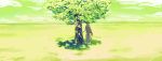  1girl barefoot blonde_hair clouds copyright_request doremi dress facing_viewer field from_behind grass green green_sky grey_dress horizon long_hair low-tied_long_hair sash solo standing tree tree_shade under_tree 