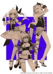  +_+ 2girls :3 :d ahoge arm_over_head arm_up artist_name asymmetrical_legwear belt bili_girl_33 bilibili_douga black_footwear blue_background blush_stickers bow copyright_name frilled_skirt frills hair_bow hair_ornament hairclip hand_on_hip highres kneeling limited_palette midriff multiple_girls navel necktie official_art open_mouth pants ponytail prophet_chu short_hair single_thighhigh skirt smile standing star star_print thigh-highs thigh_strap watermark web_address white_footwear 