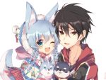  1boy 1girl ;d animal animal_ears black_hair blue_eyes blue_hair character_request dog fur-trimmed_hat hat jacket koyomi_(shironeko_project) one_eye_closed open_mouth quad_braids rento_(rukeai) shironeko_project smile tail tarou_(shironeko_project) wolf_ears wolf_tail yellow_eyes 