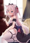  1girl absurdres animal_ears azur_lane bada_(jksh5056) bangs bare_shoulders black_bow black_dress blue_bow blue_eyes blurry blurry_background blush bow cat_ears cat_hair_ornament choker closed_mouth collarbone commentary_request day depth_of_field detached_sleeves dress eyebrows_visible_through_hair frilled_dress frills garter_straps hair_bow hair_ornament hair_ribbon hammann_(azur_lane) hand_up highres indoors long_hair looking_at_viewer nose_blush one_side_up puffy_short_sleeves puffy_sleeves red_bow red_choker red_ribbon ribbon short_sleeves silver_hair solo strapless strapless_dress sunlight tears thigh-highs very_long_hair white_legwear window wrist_cuffs 