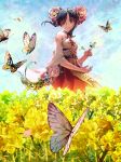  1girl black_hair blue_sky brown_eyes butterfly_on_hand day detached_sleeves eyebrows_visible_through_hair floating_hair flower hair_flower hair_ornament hair_over_one_eye highres long_hair long_skirt outdoors pink_flower red_skirt shadowverse skirt sky solo yasu8hasu yellow_flower 